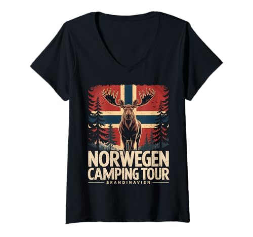 Damen Norwegen Camping Tour Elch Skandinavien Reise Geschenk T-Shirt mit V-Ausschnitt von Norwegens Elche - Camping & Outdoor Abenteuer