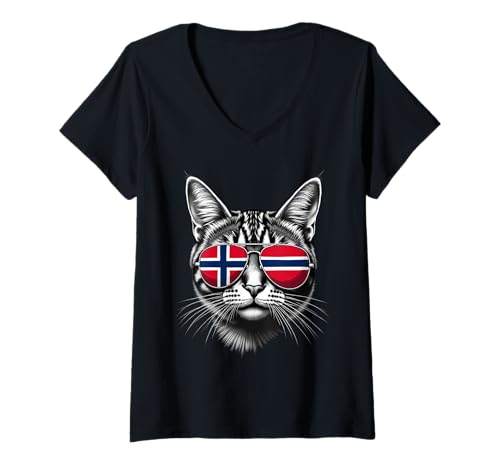Damen Norwegische Flagge Katzengesicht Sonnenbrille Norwegen Flagge T-Shirt mit V-Ausschnitt von Norwegian Flag Designs