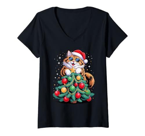 Damen Christmas Tree Norwegian Forest Cat Sunglasses Wegies T-Shirt mit V-Ausschnitt von Norwegian Forest Cat Lover Gifts