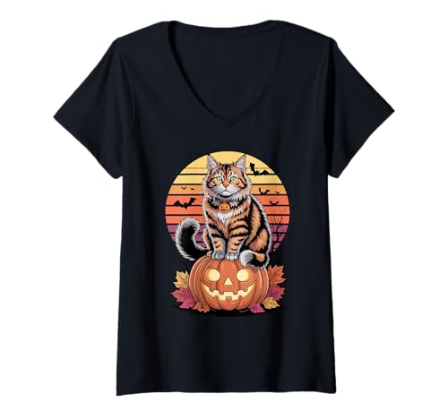 Damen Halloween Retro Norwegian Forest Cat Wegies T-Shirt mit V-Ausschnitt von Norwegian Forest Cat Lover Gifts
