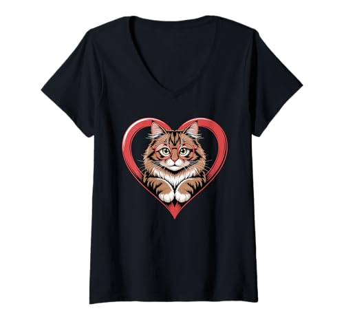 Damen Herz Norwegian Forest Cat Brille Wegies T-Shirt mit V-Ausschnitt von Norwegian Forest Cat Lover Gifts