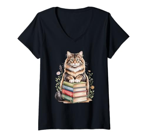 Damen Norwegian Forest Cat Wegies Books Flowers Book Reading T-Shirt mit V-Ausschnitt von Norwegian Forest Cat Lover Gifts