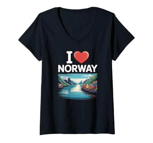 Damen Ich Liebe die malerischen Fjordberge Norwegens T-Shirt mit V-Ausschnitt Damen Ich Liebe die malerischen Fjordberge Norwegens T-Shirt mit V-Ausschnitt von Norwegian Landscape Adventure Fjords