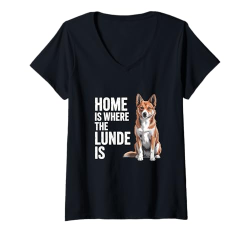 Damen Home is Where The Lunde is Norwegischer Lundehund Hundebesitzer T-Shirt mit V-Ausschnitt von Norwegian Lundehund Lover Shirt Home Woof Gift