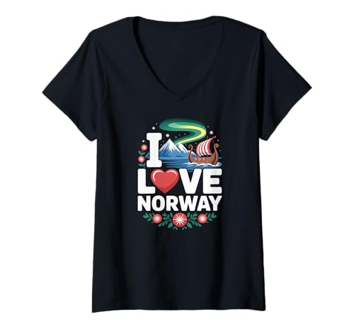 Damen Ich Liebe das norwegische Wikingerschiff Northern Lights T-Shirt mit V-Ausschnitt Damen Ich Liebe das norwegische Wikingerschiff Northern Lights T-Shirt mit V-Ausschnitt von Norwegian Viking Mountains Aurora