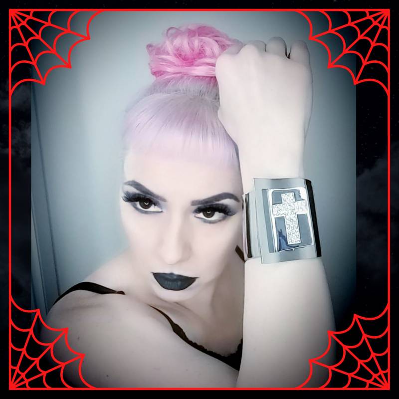 Manschettenarmband Aus Cyber-Gothic/Gothic Punk Trad-Goth Nu-Goth Silbernem Stahl Mit Strasssteinen. Hexenhafter Metallschmuck. Geschenk von NosferatuCreations