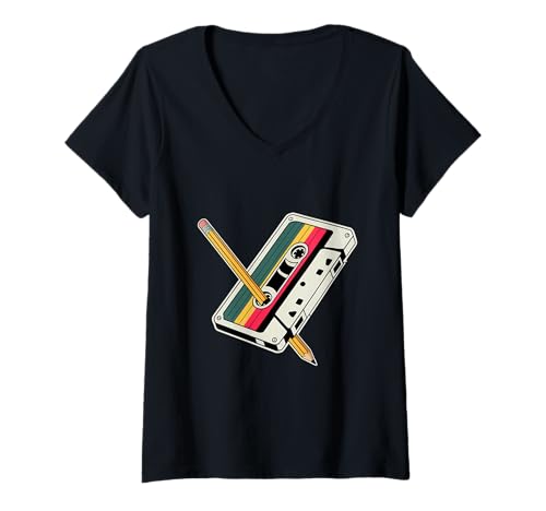 Damen Kassette 90er Jahre Kostüm Party Nostalgie T-Shirt mit V-Ausschnitt von Nostalgia Cassette 80s 90s