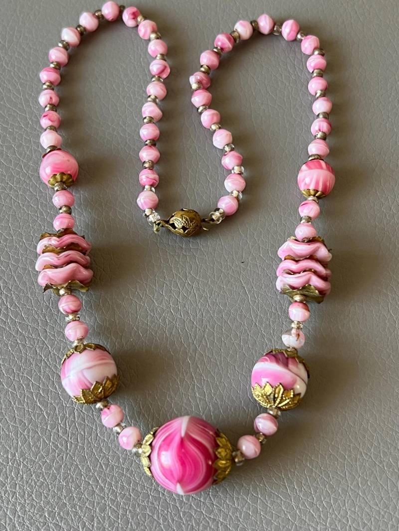 Antik Seltene Art Deco Halskette, Rosa Glas Original Vintage Schmuck 1930Er Jahre von NostalgiaBoutiqueR