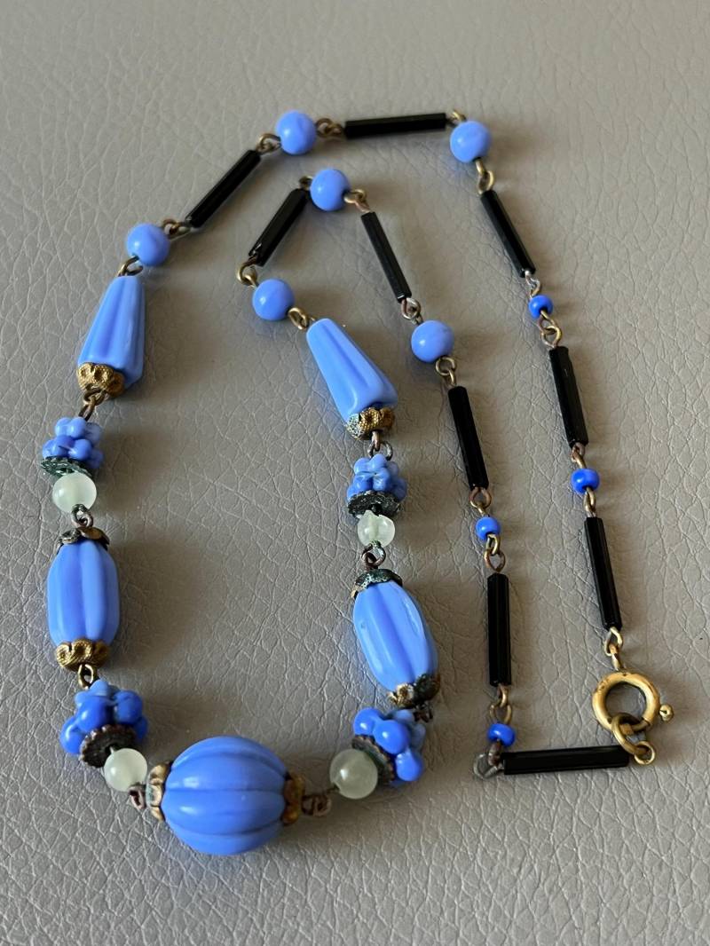 Antike Seltene Art Deco Halskette, Blaues Glas Original Vintage Schmuck 1930S von NostalgiaBoutiqueR