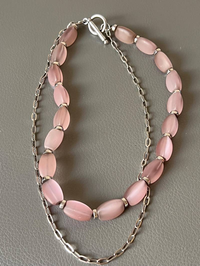 Rosenquarz Halskette Ovaler Stein, Sterling Silber Kette von NostalgiaBoutiqueR