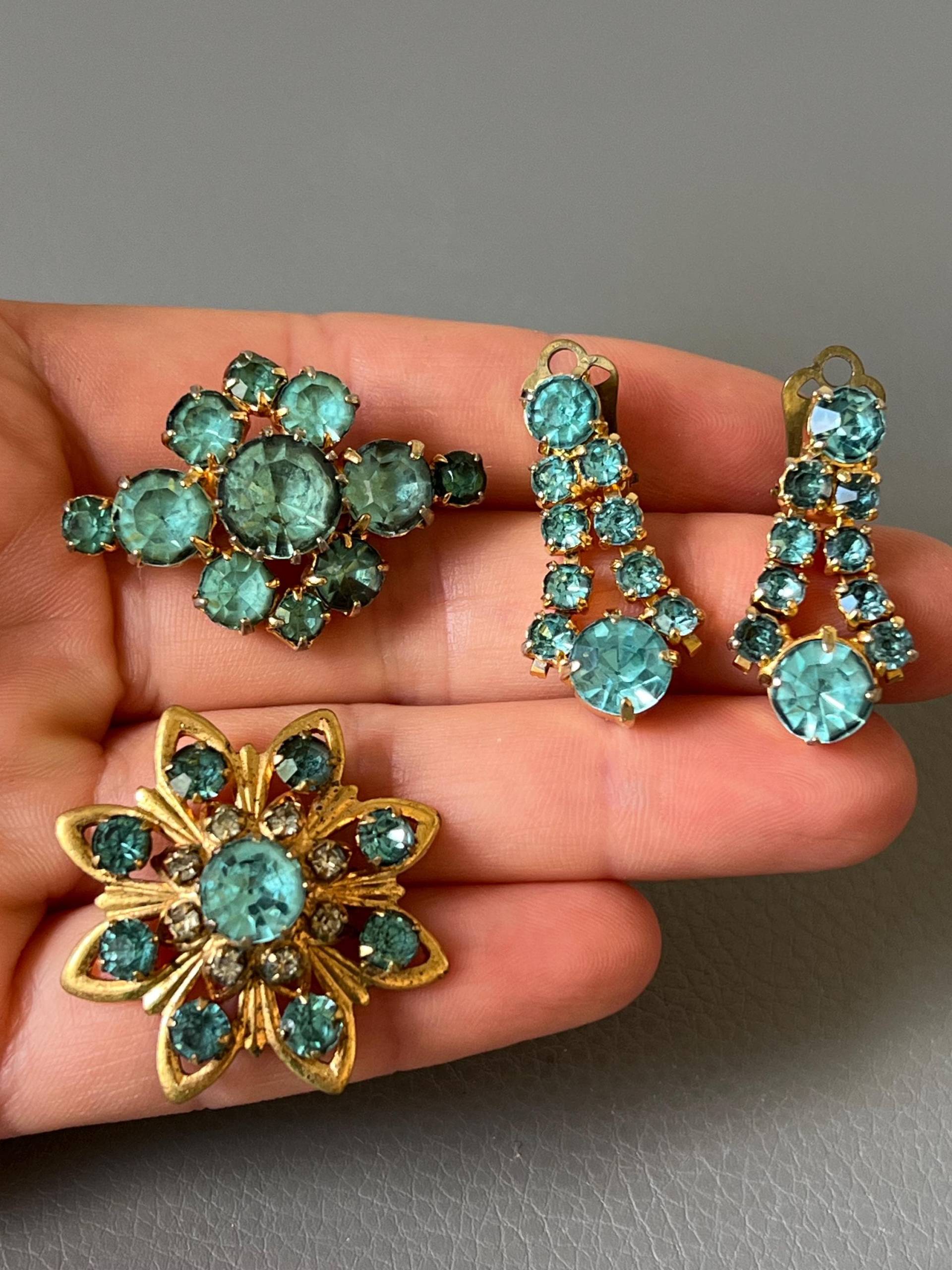 Vintage Türkis Glas Brosche Und Clip Set von NostalgiaBoutiqueR