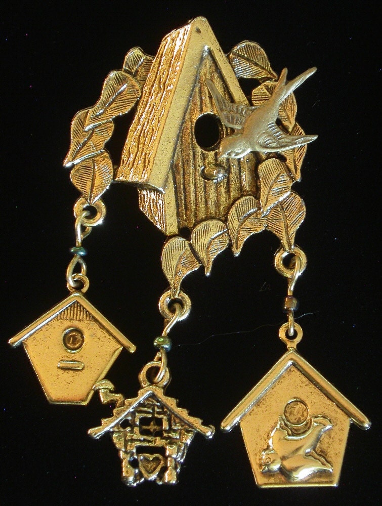 Zauberhafte, Vogelhaus Brosche, Baumeln Charms, Reißnadel 24 Kt Vergoldet, Matte Silber Ochse, Vogelbeobachter, Vogel Häuser, Pg120/Ps066 von NostalgicCharm