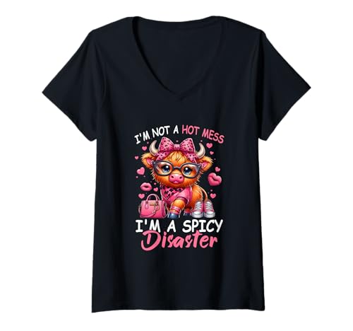 Damen Ich Bin kein Hot-Mess Ich Bin eine würzige Katastrophe Highland Cow Lustig T-Shirt mit V-Ausschnitt Damen Ich Bin kein Hot-Mess Ich Bin eine würzige Katastrophe Highland Cow Lustig T-Shirt mit V-Ausschnitt von Not A Hot-Mess I'm A Spicy Disaster Highland Cow