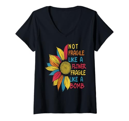 Damen Bunte Sonnenblume, Nicht zerbrechlich wie eine Blume, sondern eine Bombe T-Shirt mit V-Ausschnitt Damen Bunte Sonnenblume, Nicht zerbrechlich wie eine Blume, sondern eine Bombe T-Shirt mit V-Ausschnitt von Not Fragile Like A Flower Feminist Gifts