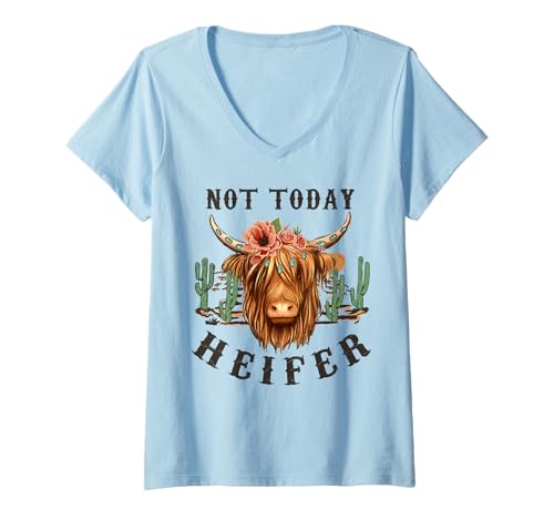 Damen Nicht Heute Färse, Western Country Highland Highland Cow, Wüstenkaktus T-Shirt mit V-Ausschnitt Damen Nicht Heute Färse, Western Country Highland Highland Cow, Wüstenkaktus T-Shirt mit V-Ausschnitt von Not Today Heifer, Western Country Highland Cow