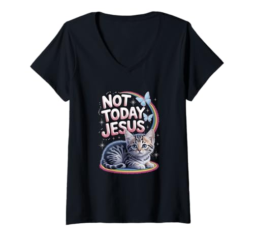 Damen Not Today Jesus Funny Edgy Ironic Cat T-Shirt mit V-Ausschnitt Damen Not Today Jesus Funny Edgy Ironic Cat T-Shirt mit V-Ausschnitt von Not Today Jesus Cat Edgy Ironic Pastel