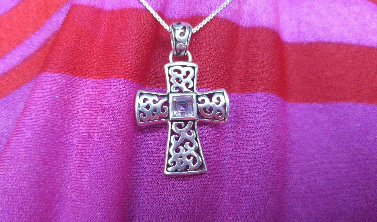 Kreuz Halskette Vintage Sterling Silber Anhänger Mit Offenem Galeriewerk Nbj445 von NotBeforeJava