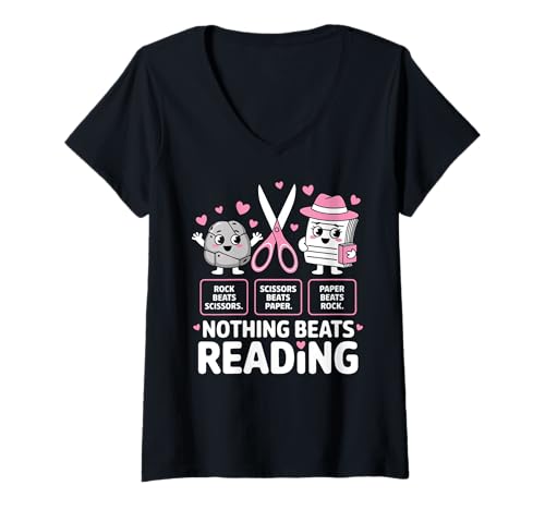 Damen Nichts geht über Reading Rock Paper Scissors Library Book Nerd T-Shirt mit V-Ausschnitt von Nothing Beats Reading Books Librarian Bookworm