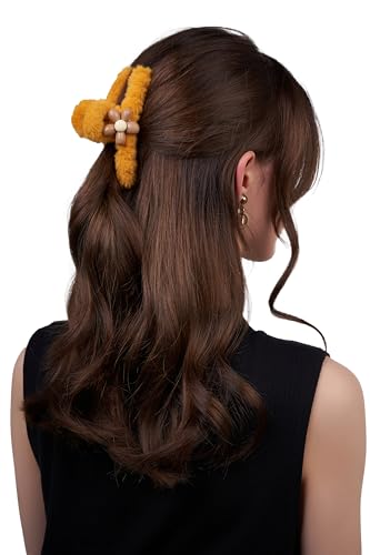 Damen Haarclip Haarspange Haarklemme Haarkrebs Krebs aus Kunststoff Accessoire mit Pelz Blume (gelb) von Nothing but Love