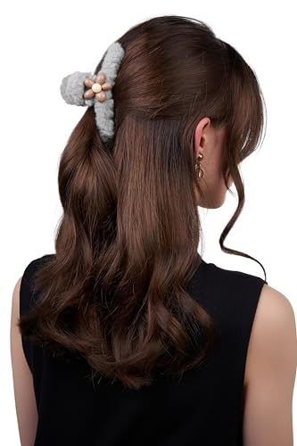 Damen Haarclip Haarspange Haarklemme Haarkrebs Krebs aus Kunststoff Accessoire mit Pelz Blume (hellgrau) von Nothing but Love