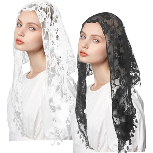 2 Stück Messe Schleier Dreieck 140x48cm Kirchlicher Spitzenschleier aus Baumwollspitze für Hochzeit Braut, Mantilla Kathedrale in Schwarz und Weiß von Notoke