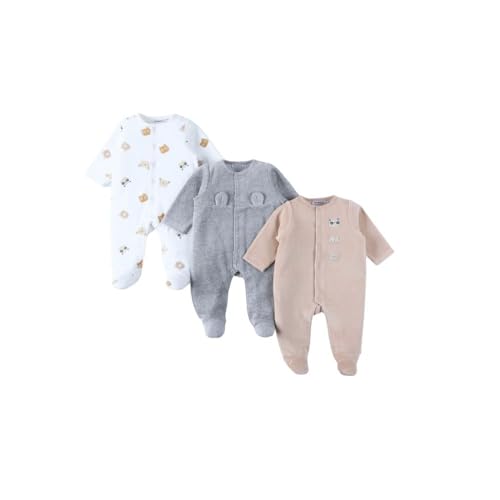 Noukie's Set aus 3 Baby-Schlafanzügen aus ultraweichem und bequemem Samt, Unisex für Jungen und Mädchen, Overall mit Frontdruckknöpfen, mit Kuscheltierbefestigung, für 0 bis 18 Monate. von Noukie's