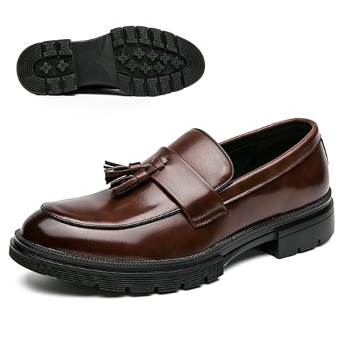 NEKGNL Herren Quaste Slip on Plateau Loafers Luxus Runde Zehenpartie rutschfeste Stollensohle Business Arbeit Büro Kleid Schuhe Sommer Atmungsaktiv Walking Casual Schuhe, Braun, 44.5 EU von NourIron