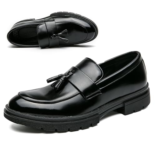 NEKGNL Herren Quaste Slip on Plateau Loafers Luxus Runde Zehenpartie rutschfeste Stollensohle Business Arbeit Büro Kleid Schuhe Sommer Atmungsaktiv Walking Casual Schuhe, Schwarz, 41.5 EU von NourIron
