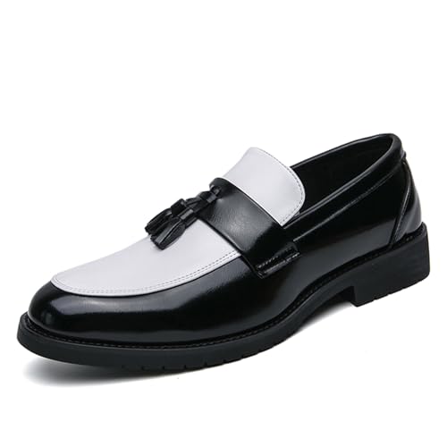 NEKGNL Herren Quaste Slip on Plateau Loafers Luxus Runde Zehenpartie rutschfeste Stollensohle Business Arbeit Büro Kleid Schuhe Sommer Atmungsaktiv Walking Casual Schuhe, Weiß und Schwarz, 42.5 EU von NourIron