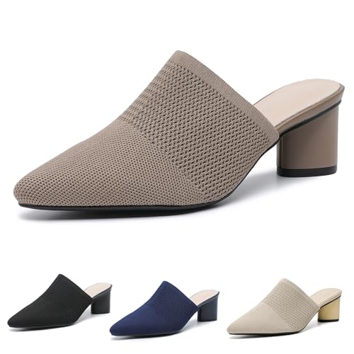 NourIron Damen Strick-Mesh Rückenfrei Chunky Heel Pantoletten Geschlossene Spitze Slip On Mid Block Heel Kleid Pumps Sandalen Sommer Atmungsaktiv Büro Alltag Hausschuhe, Dunkles Apricot, 41 EU von NourIron