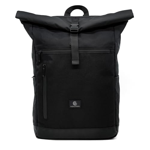 Nouvari Rolltop Rucksack Damen und Herren Schwarz Wasserabweisender Tagesrucksack mit 17" Laptopfach für Uni Arbeit Freizeit Reiserucksack Groß Wanderrucksack 30l Fahrradrucksack von Nouvari