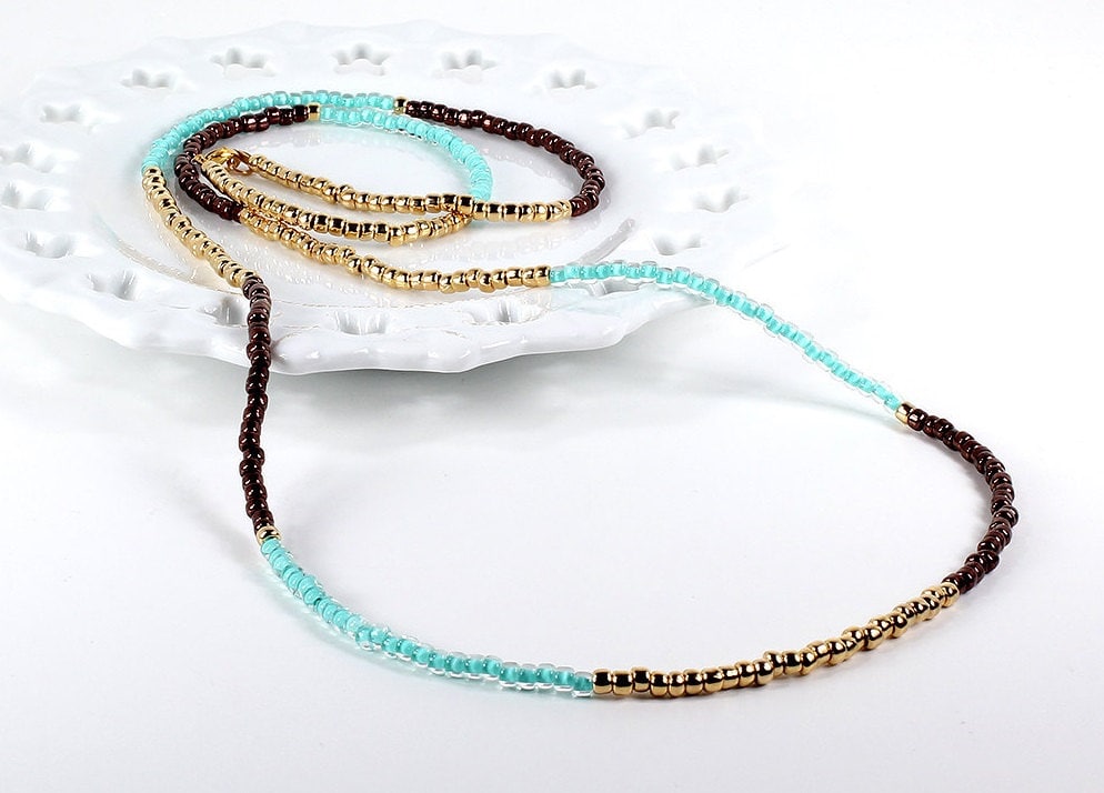 Lange Perlenkette Mint Gold Bronze Farbe Block Wickelarmband von NouveauTique