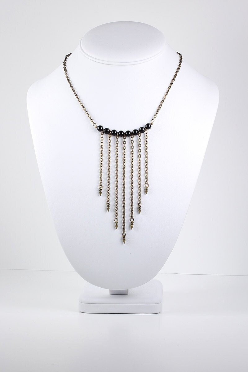 Spike Halskette Antik Messing Kette Schwarz Swarovski Perlen Bar Anhänger Statement von NouveauTique