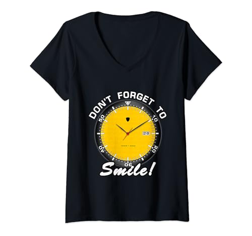 Damen Don't Forget To Smile, 10:10 Uhr, lustige Uhr T-Shirt mit V-Ausschnitt Damen Don't Forget To Smile, 10:10 Uhr, lustige Uhr T-Shirt mit V-Ausschnitt von Nova Watch Co Funny Watch Timepiece Horology