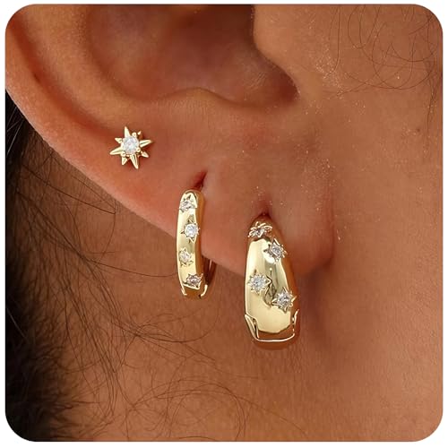 3 Paar Ohrringe Gold – 14K Vergoldet, Zartes Huggie Hoop & Stud Set, Hypoallergen, Edles Geschenk für Frauen 3 Paar Ohrringe Gold – 14K Vergoldet, Zartes Huggie Hoop & Stud Set, Hypoallergen, Edles Geschenk für Frauen von NovaCharm