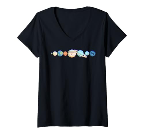 Damen Retro Halbton Planeten Solar Pop Color Galaxy Liebhaber T-Shirt mit V-Ausschnitt Damen Retro Halbton Planeten Solar Pop Color Galaxy Liebhaber T-Shirt mit V-Ausschnitt von NovaDot