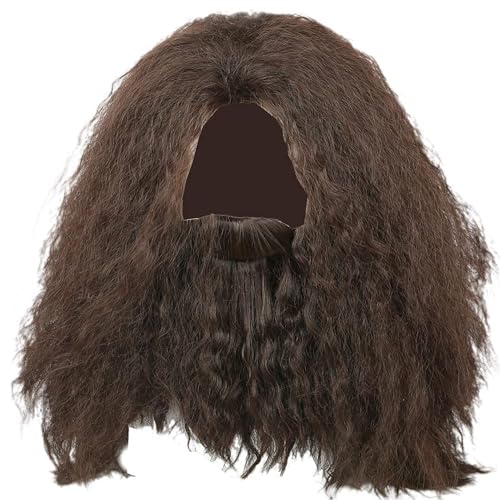 Halloween-Perücke mit Bart langes braunes lockiges Haar für Erwachsene Herren Kostüm Cosplay Kostümzubehör von Novanime