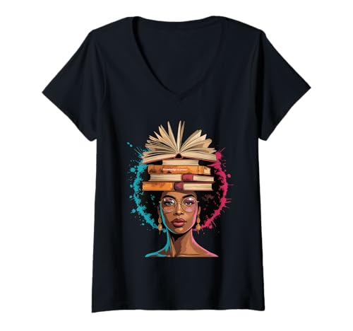Damen Lustige Buchkrone, Schwarze Königin, Weisheit, Macht, Afro-Kunst, Damen, Herren T-Shirt mit V-Ausschnitt Damen Lustige Buchkrone, Schwarze Königin, Weisheit, Macht, Afro-Kunst, Damen, Herren T-Shirt mit V-Ausschnitt von Novelty Afro Intellectual Teacher Style Culture