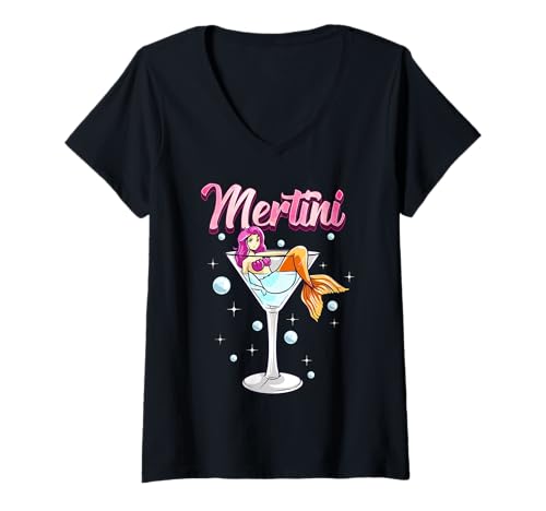 Damen Martini-Glas mit Meerjungfrau Pun Mertini Barkeeper Drink T-Shirt mit V-Ausschnitt von Novelty Bartending Puns by NLTS