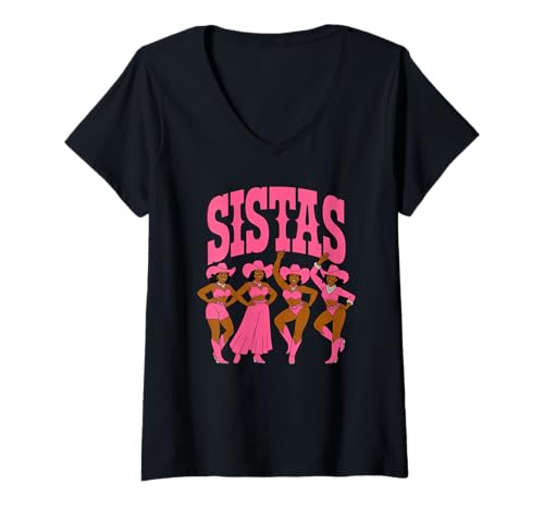 Damen Lustiger Sistas Spruch Pink Cowgirl Swag Rodeo Queens Damen Herren T-Shirt mit V-Ausschnitt von Novelty Black Western Women Dance Outfit Crew