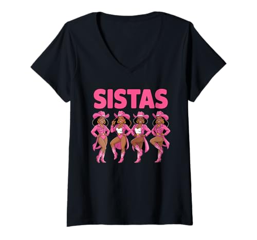 Damen Lustiger Sistas Spruch Pink Cowgirl Swag Rodeo Queens Damen Herren T-Shirt mit V-Ausschnitt von Novelty Black Western Women Dance Outfit Crew