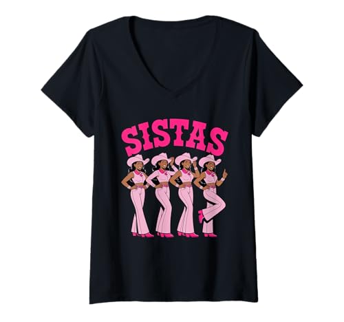 Damen Lustiger Sistas Spruch Pink Cowgirl Swag Rodeo Queens Damen Herren T-Shirt mit V-Ausschnitt von Novelty Black Western Women Dance Outfit Crew