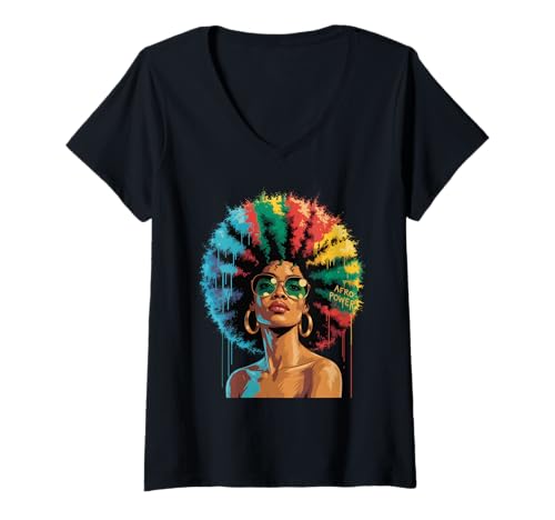 Damen Lustige Afro-Regenbogen-Haarkönigin Ausdruck Power Art Frauen Männer T-Shirt mit V-Ausschnitt von Novelty Bold Black Woman Style Culture Fashion Mom