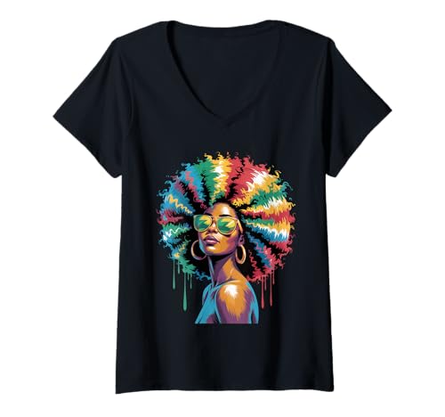Damen Lustige Afro-Regenbogen-Haarkönigin Ausdruck Power Art Frauen Männer T-Shirt mit V-Ausschnitt von Novelty Bold Black Woman Style Culture Fashion Mom