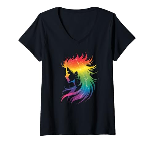 Damen Lustiges Regenbogenhaar Afro-Stil Pride Artistic Queen Damen Herren T-Shirt mit V-Ausschnitt Damen Lustiges Regenbogenhaar Afro-Stil Pride Artistic Queen Damen Herren T-Shirt mit V-Ausschnitt von Novelty Colorful Feminine Flowing Hair Vibes Art