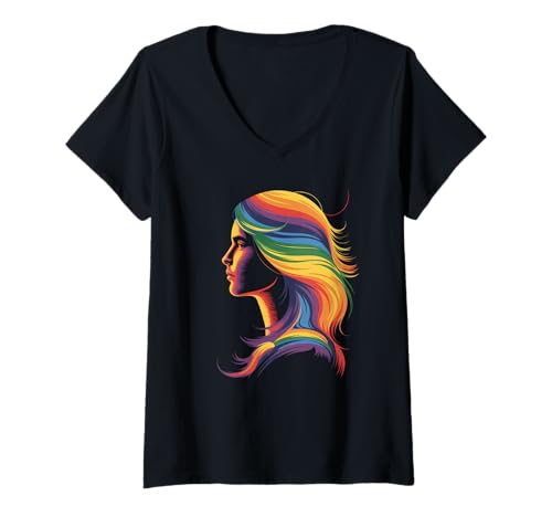 Damen Lustiges Regenbogenhaar Afro-Stil Pride Artistic Queen Damen Herren T-Shirt mit V-Ausschnitt von Novelty Colorful Feminine Flowing Hair Vibes Art