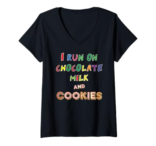 Damen Lustiges T-Shirt für Essensliebhaber, für Kinder, Erwachsene und Snack-Fans T-Shirt mit V-Ausschnitt Damen Lustiges T-Shirt für Essensliebhaber, für Kinder, Erwachsene und Snack-Fans T-Shirt mit V-Ausschnitt von Novelty Foodie I Run On Chocolate Milk and Cookies