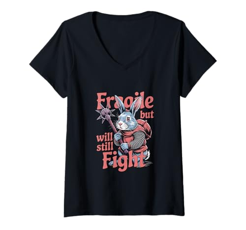 Damen Fragile but Will Still Fight Mittelalter Bunny Humor Männer Frauen T-Shirt mit V-Ausschnitt Damen Fragile but Will Still Fight Mittelalter Bunny Humor Männer Frauen T-Shirt mit V-Ausschnitt von Novelty Fragile but Will Still Fight Sarcasm Pun