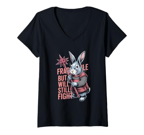 Damen Fragile but Will Still Fight Mittelalter Bunny Humor Männer Frauen T-Shirt mit V-Ausschnitt Damen Fragile but Will Still Fight Mittelalter Bunny Humor Männer Frauen T-Shirt mit V-Ausschnitt von Novelty Fragile but Will Still Fight Sarcasm Pun