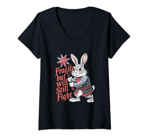 Damen Fragile but Will Still Fight Mittelalter Bunny Humor Männer Frauen T-Shirt mit V-Ausschnitt von Novelty Fragile but Will Still Fight Sarcasm Pun